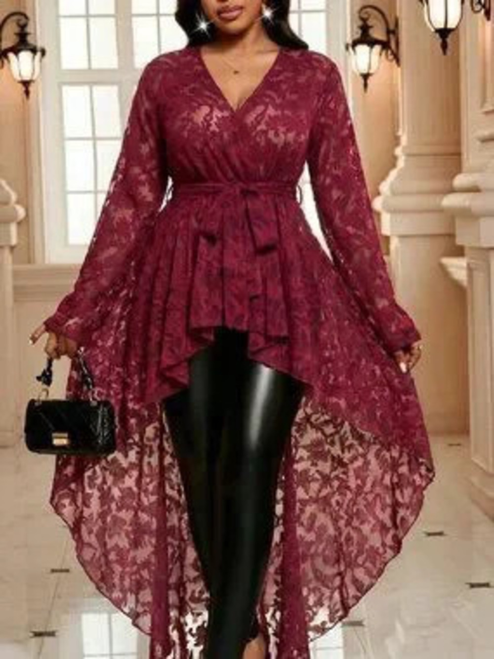 Red Elegant Women's Plus Size Floral Belted Asymmetrical Hem Blouse Peplum Top